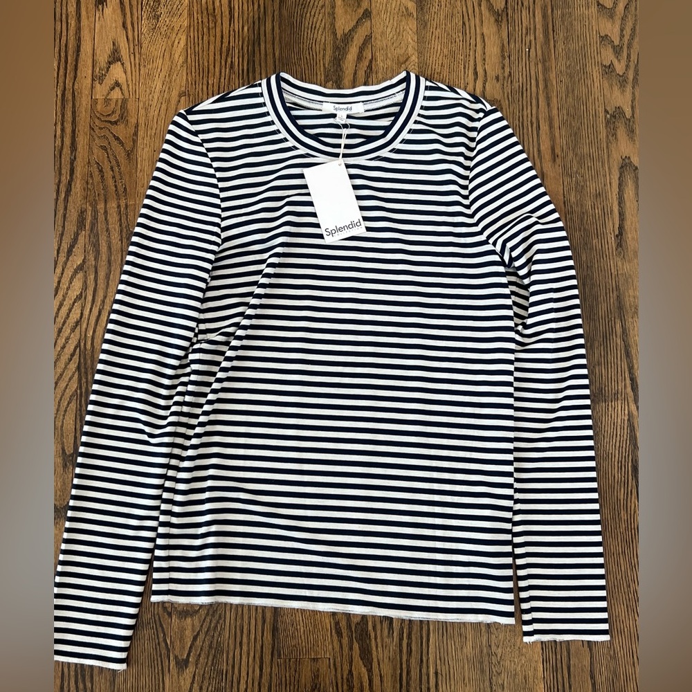 Splendid Navy and White Striped Long-Sleeve Crewneck Top